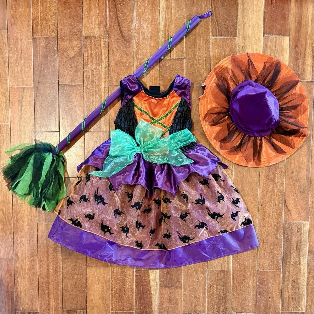 VTG Children's Place TCP Witch Halloween Costume Dress Hat (Flaw) Broom Sz S 5 6